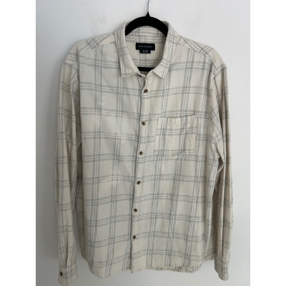 Cotton On Garments Mens XL Flannel Shirt Cream Grey Plaid Long Sleeve Button Up